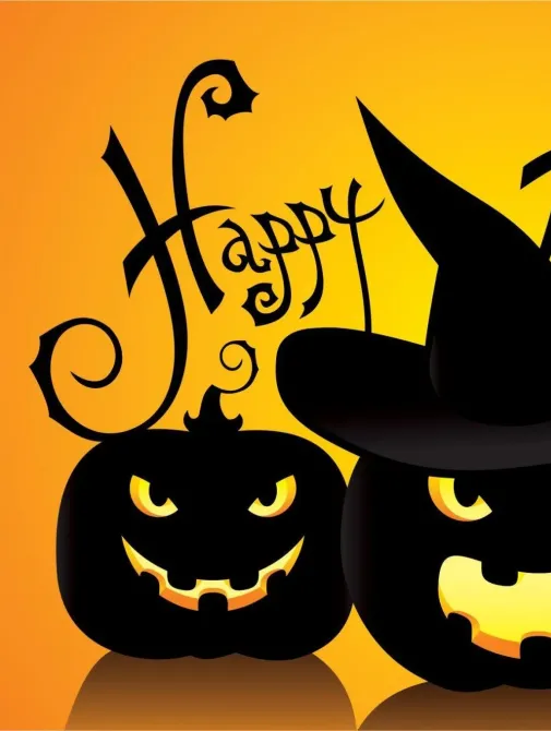 Zucca di Halloween con cappello da strega e scritta 'Happy Halloween'.